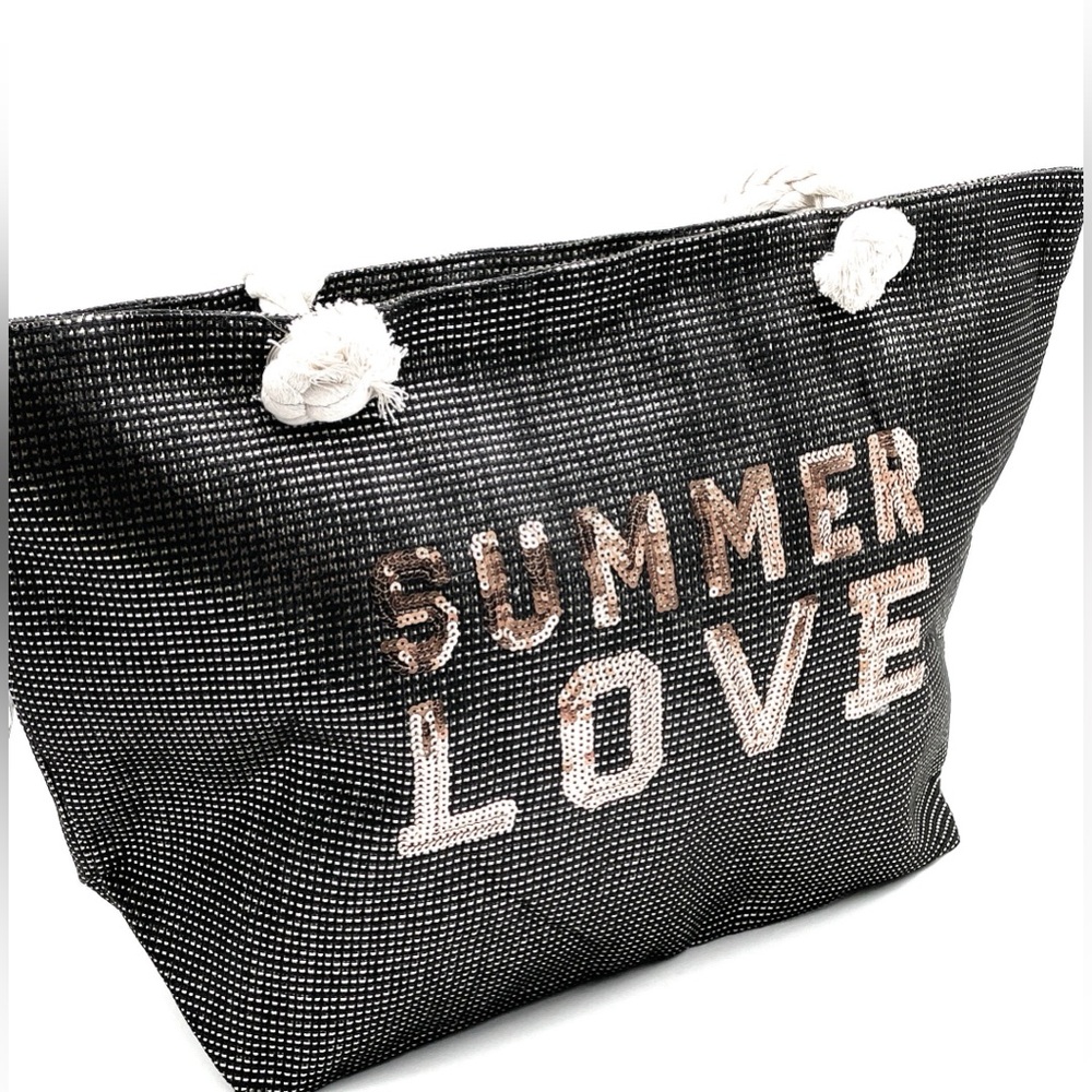 Summer Love Tote – Woven Straw Beach Bag with Rope Handles Black Glitter
